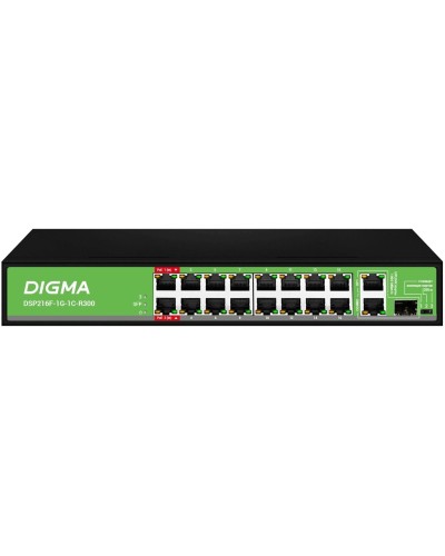 DSP216F-1G-1C-R300 (L2) 16х100Мбит/с 1х1Гбит/с 1хКомбо(1000BASE-T/SFP) 16PoE 16PoE+ 2PoE++ 300W. Коммутатор с питанием по PoE. Digma в Ульяновске