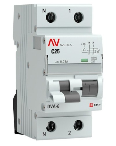 DVA-6 1P+N 25А (C) 30мА (AC) 6кА  AVERES (rcbo6-1pn-25C-30-ac-av). Автоматический выключатель дифференциального тока. EKF в Ульяновске
