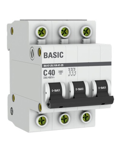 Автоматический выключатель 3P 40А (C) 4,5кА ВА 47-29 Basic (mcb4729-3-40C). Автоматический выключатель. EKF в Ульяновске