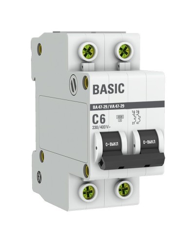 Автоматический выключатель 2P 6А (C) 4,5кА ВА 47-29 Basic (mcb4729-2-06C). Автоматический выключатель. EKF в Ульяновске