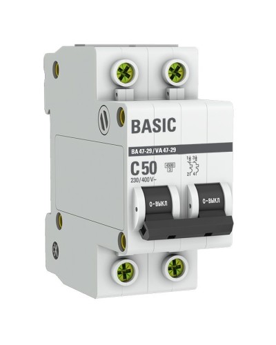 Автоматический выключатель 2P 50А (C) 4,5кА ВА 47-29 Basic (mcb4729-2-50C). Автоматический выключатель. EKF в Ульяновске