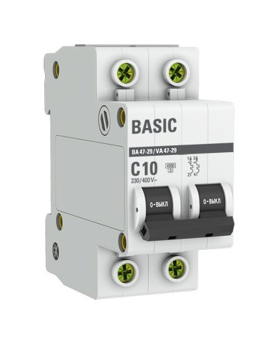 Автоматический выключатель 2P 10А (C) 4,5кА ВА 47-29 Basic (mcb4729-2-10C). Автоматический выключатель. EKF в Ульяновске